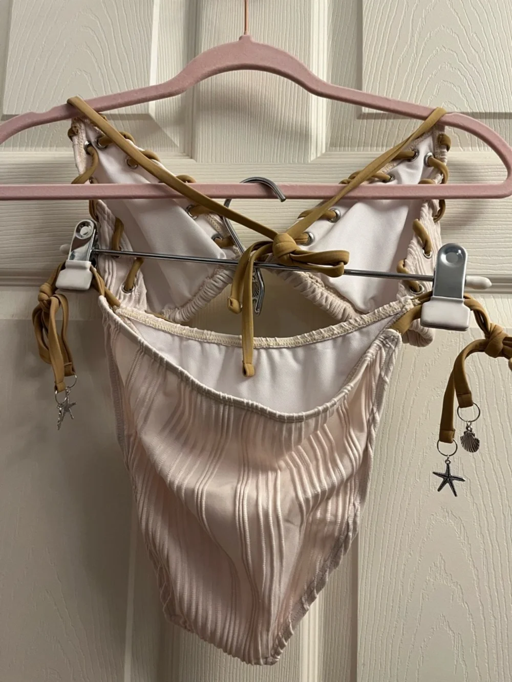 Off White Ribbed Lace-Up Bikini with Tan and Silver Accents 3 Piece Small New - Picture 7 of 10
